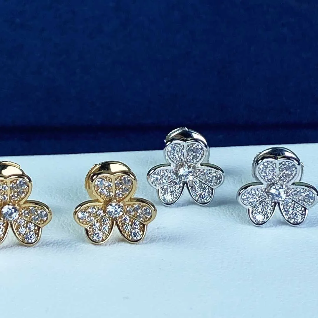 Brand Pure 925 Srebrne kolczyki 3 liście Flower Full Diamond Studs Kolczyki Białe złote różowe złote luksusowe jakość 4379095