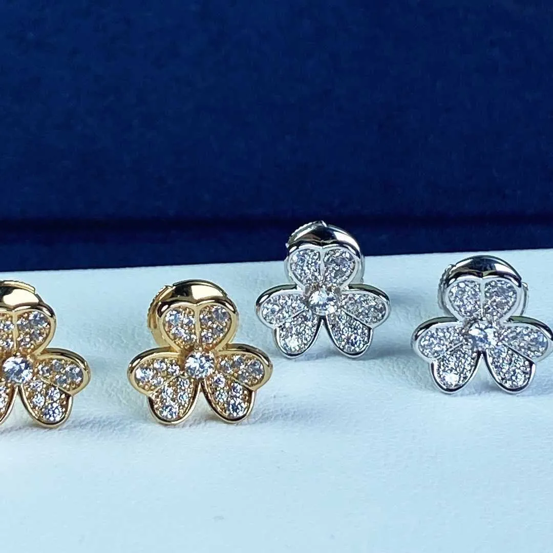 Orecchini in argento sterling puro 925 di marca Orecchini a forma di fiore di trifoglio con 3 foglie Pieno di diamanti Orecchini in oro bianco Oro rosa Qualità di lusso1496780