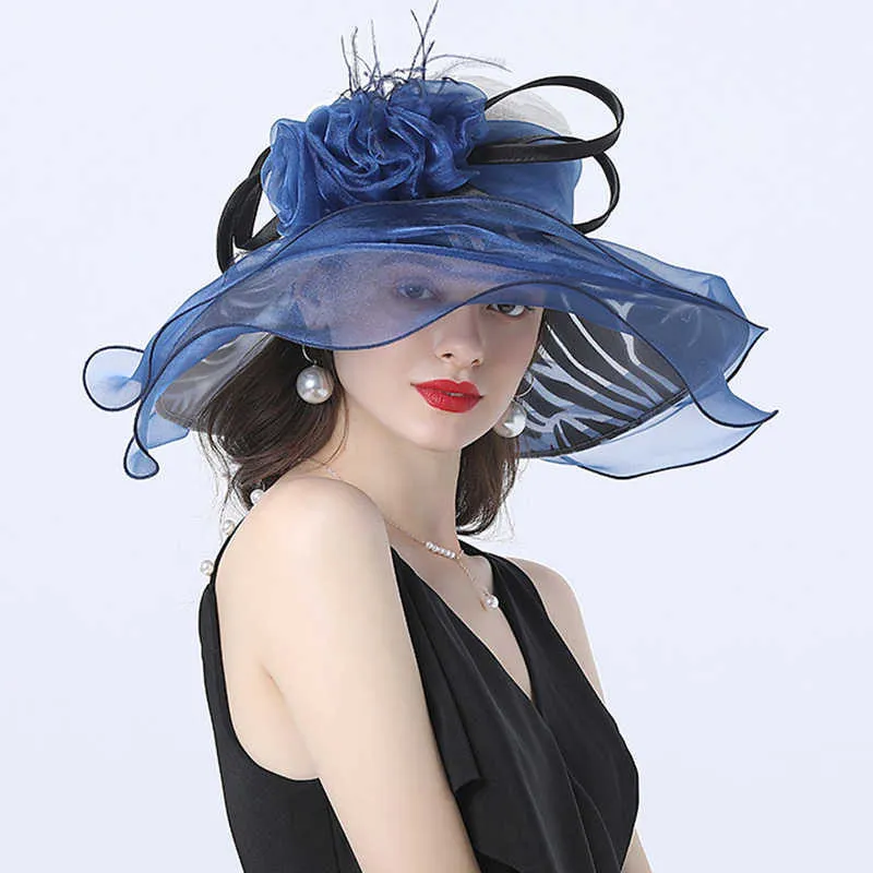 Женская летняя церковная шляпа из органзы с широкими полями Sun Ladeis Fascinator для Дерби в Кентукки, свадебное платье, вечерние 210531218z