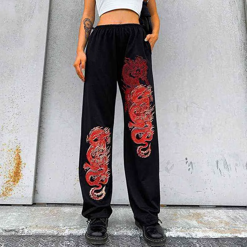 Frauen Jogginghose Y2K Stil Schwarz Chinesischer Drache Gedruckt Muster Lose Hosen Streetwear Lange Hosen S/ M/ L Y211115