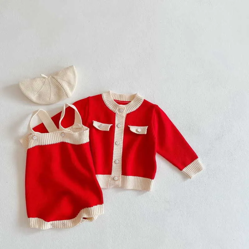 Printemps bébé filles 2 pièces ensembles laine fronde rouge body + pull manteau dame Style né vêtements E6032 210610