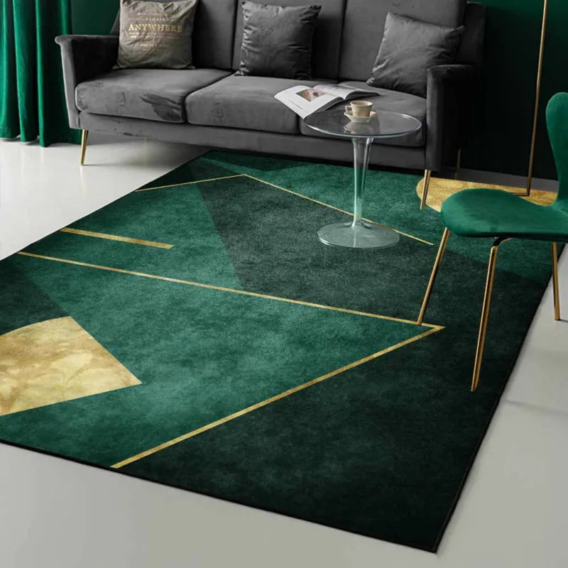Light Luxury Emerald Dark Green Simple Golden Geometric Living Room Bedroom Bedside Carpet Floor Mat Customization 210301