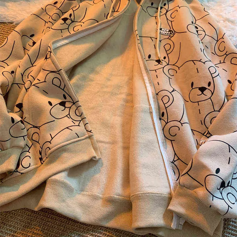 Słodkie Lilte Bear Cartoon Print Zip Up Hoodie Koreański Moda Kawaii Odzieżowych Bluzy Pullover Bluzy Kurtki Dla Kobiet 211109