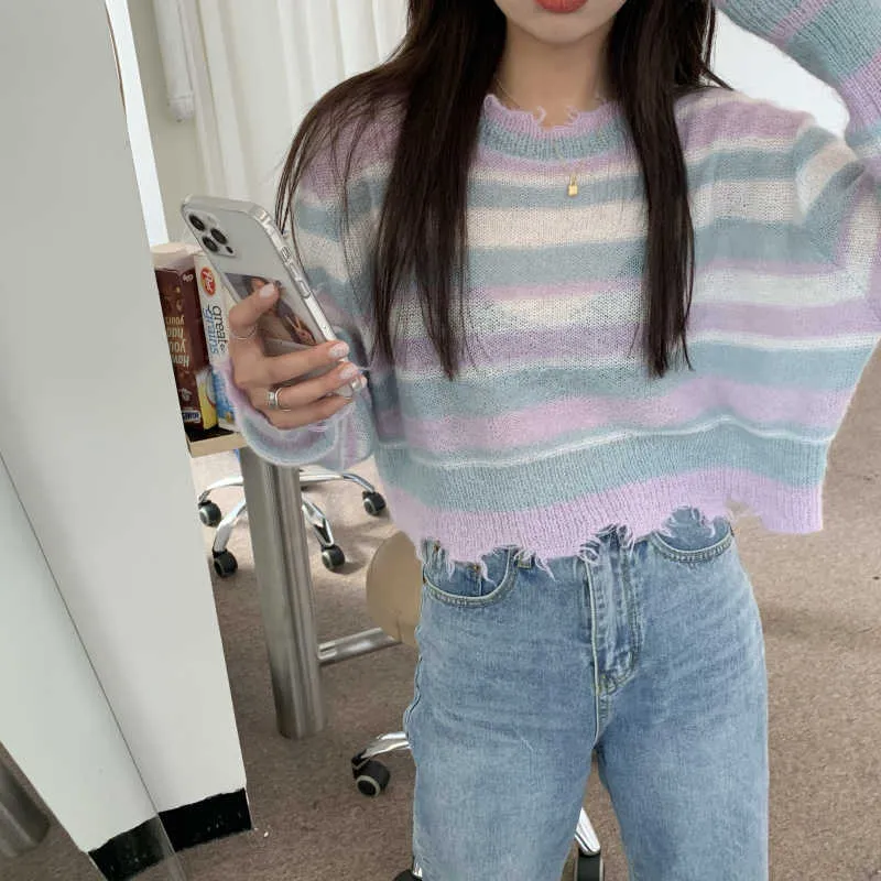 Jumpers Pullovers Thin Loose Long Sleeve O Neck Striped Knitted Sweater Irregular Hole Korean Chic Sweet Crop Tops Pull Gentle 210610