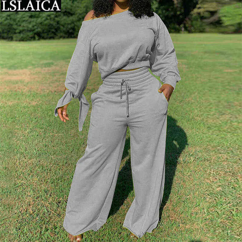 Two-piece Suit Fashion Plus Size Autumn Winter Set Women Outfit Lounge Wear Long Sleeve Crop Top Wide Leg Pants Sets 211116