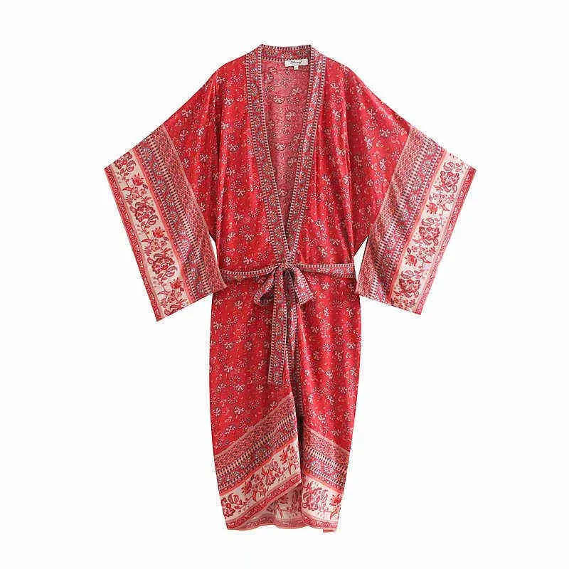 Vintage Chic Kadınlar Çiçek Baskı Batwing Kollu Plaj Bohemian Kimono Elbise Bayanlar V Boyun Yaz Boho Robe Kapak-Up Vestidos G1214