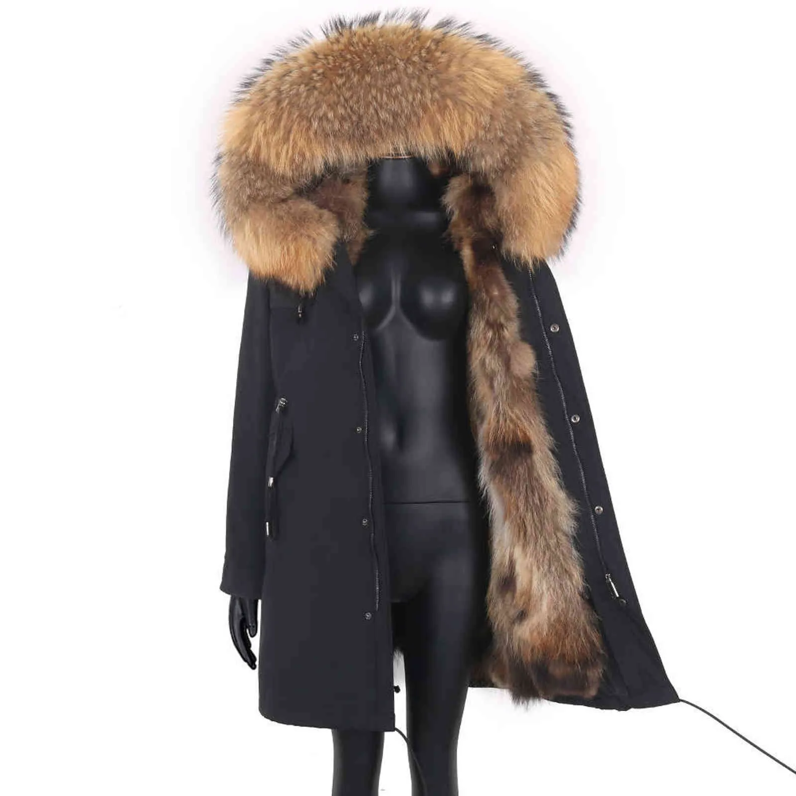 겨울 코트 긴 방수 파커 리얼 모피 여성 자켓 대형 칼라 솜털 라이너 천으로 패션 211110