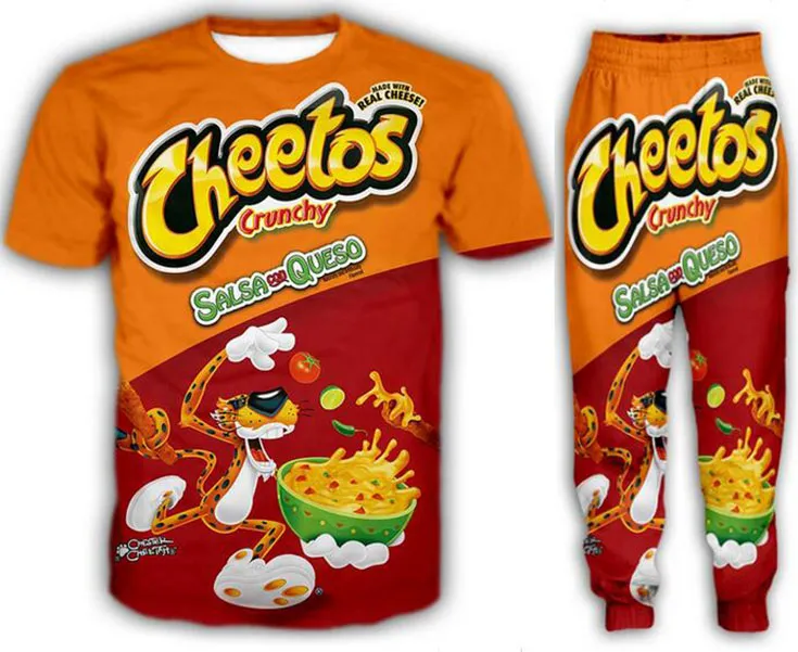 도매 - 2022 새로운 패션 캐주얼 Cheetos 3D 인쇄 Tracksuits T 셔츠 + 조깅 바지 정장 여성 @ 076