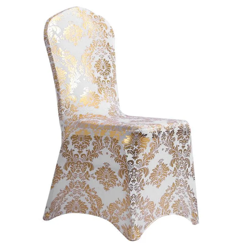 Bronzing Gold Printed Chair Cover Stretch Spandex Universal Wedding Chain Covers för restaurang Bankett El Dining Party Y200104253W