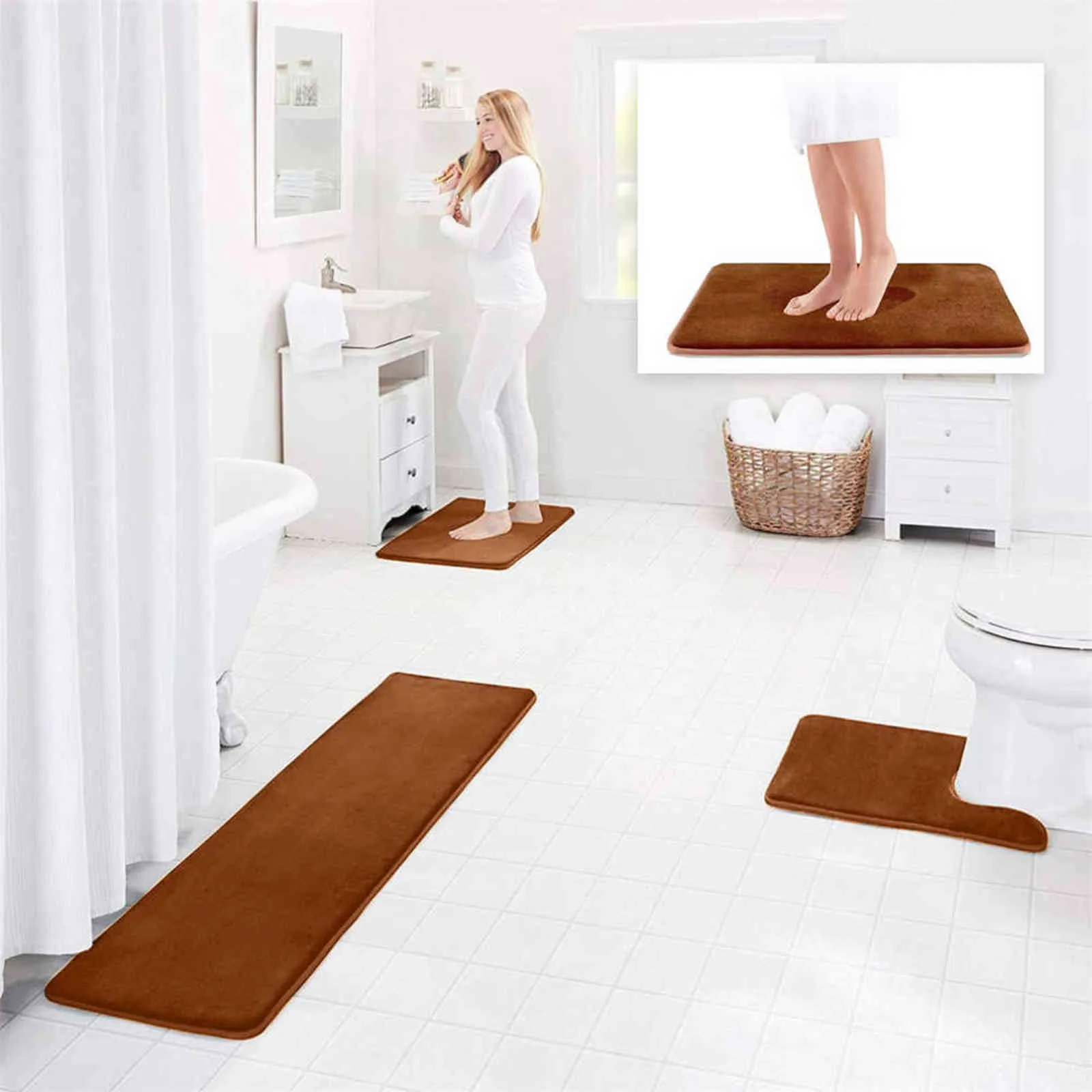 Home Bath Mat Non-slip Bathroom Carpet Soft Coral Fleece Memory Foam Rug Mat Kitchen Toilet Floor Decor Washable 211109