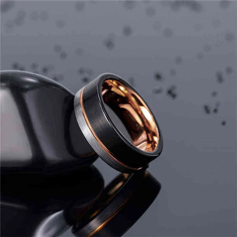 TIGRADE Bague Hommes Tungstène Noir Rose Or Ligne Brossé 6/8mm Alliance De Fiançailles Hommes Parti À La Mode Bague Homme 211217