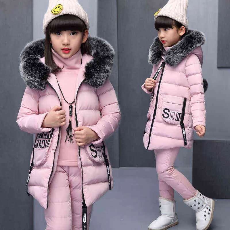 Meisje Winter 3 Stuk Set Jas Kleding voor Rusland Winter Hooded Warme Vest Jas + Warm Top Katoen Broek Jas met Bontkap 211203