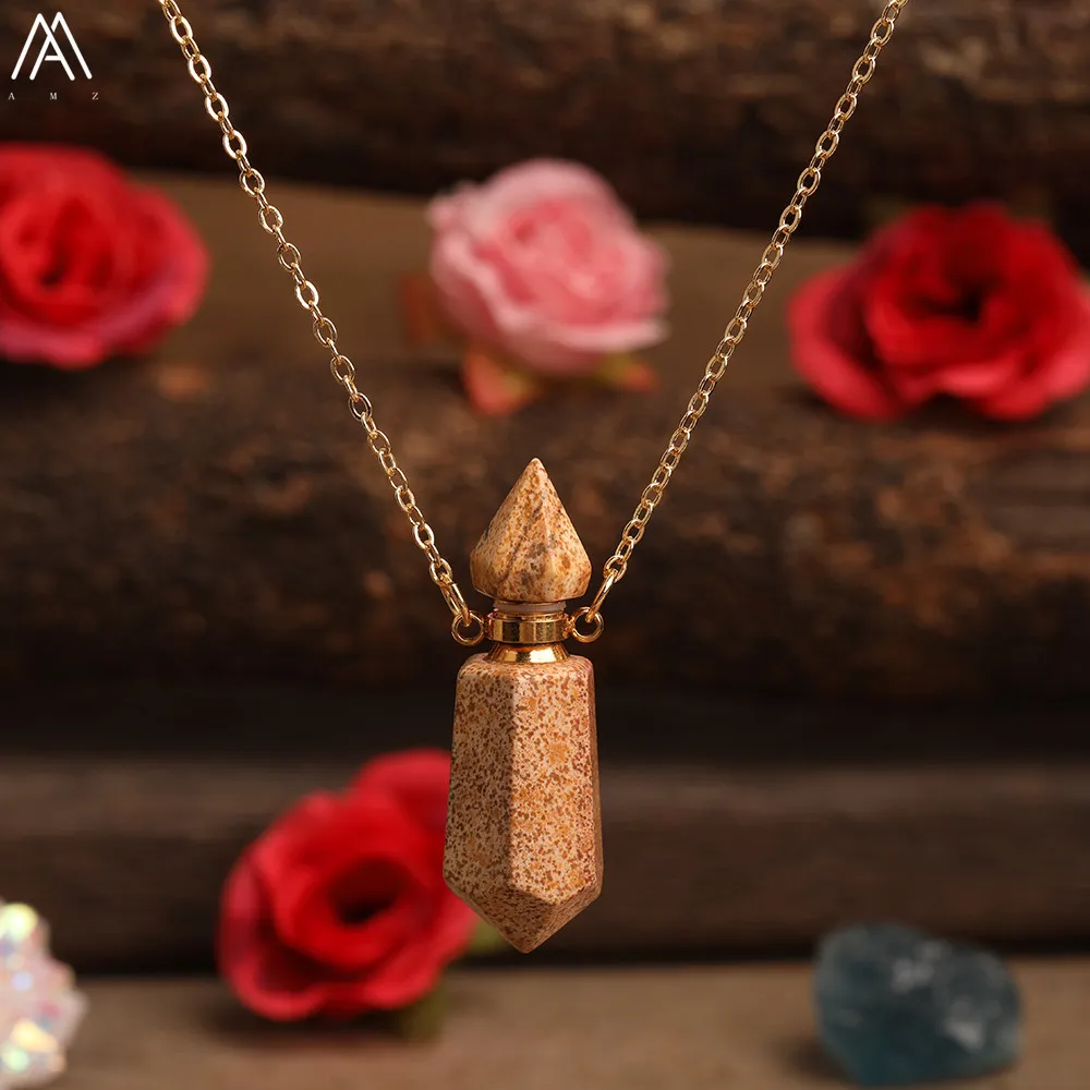 Natural Gems Stone Faceted Prism Perfume Bottle Pendants NecklaceCut Hexagon Points Crystal Essential Oil Diffuser Vial Charms4838470
