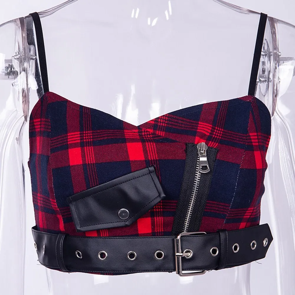 Rosetic Sexy Sangle Débardeur Femmes Gothique Rouge Plaid Zipper Trous Poche Streetwear Punk Fille D'été Casual Chic Crop Tops 210308