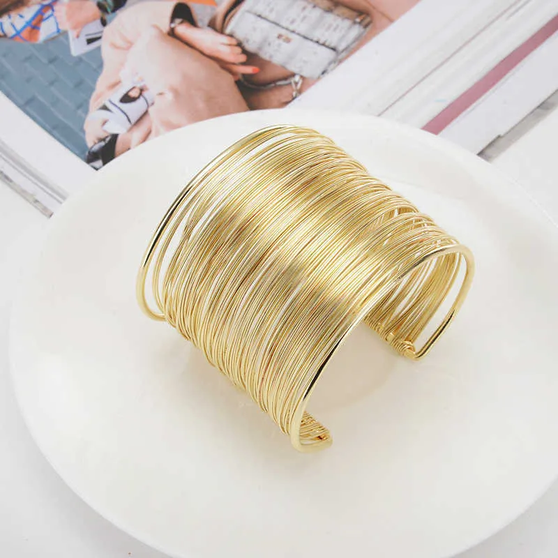 Wide Open Cuff Bracelets Bangles for Women Punk Retro Gold Silver Color Big Bangle Metal Wires String Handmade Jewerly Female Q0719