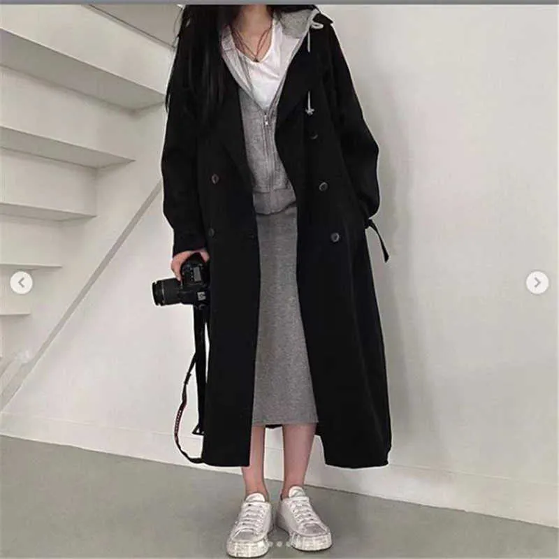 Mujer cortavientos abrigo negro retro estilo británico primavera medio largo coreano preppy moda suelta mujeres de gran tamaño 210914