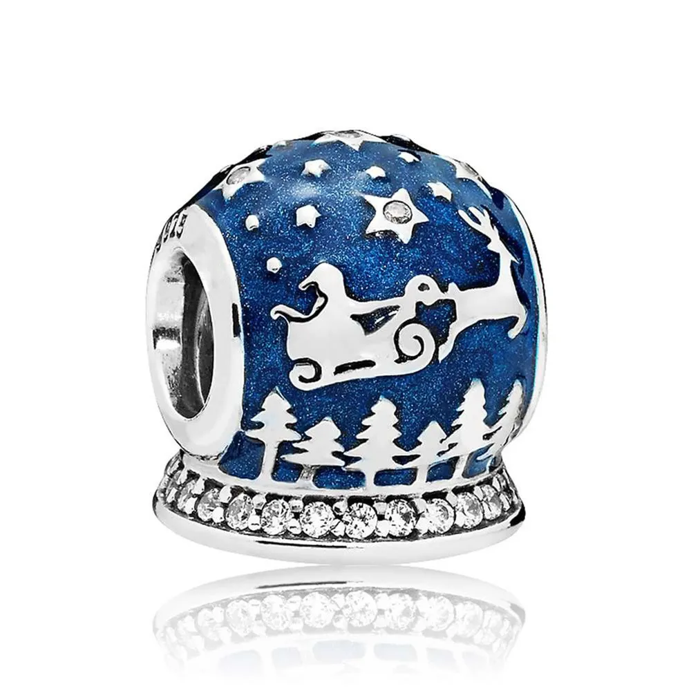 925 esterlina de prata natal noite encanto meia-noite azul esmalte clear cz fit pandora pulseiras encantos para diy mulheres jóias