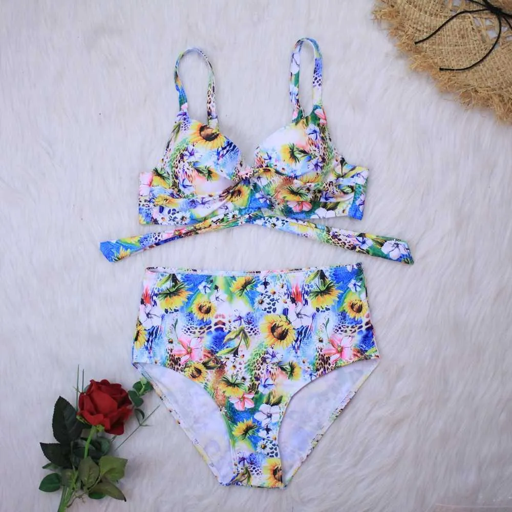 Push Up Swimsuit Women Tankini Plus Size Swimwear Floral Print Swimsuits Bandage Sexy Bikinis Summer Beachwear Bathing Suit 3XL 210604