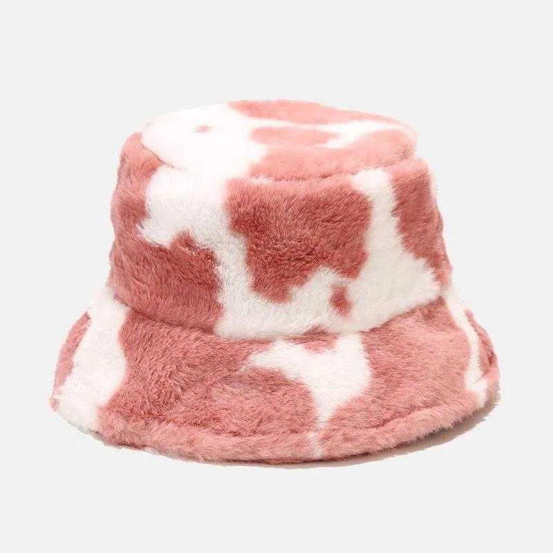 Kış açık tatil bayan panama black inek baskı kalınlaşmış yumuşak sıcak balık tutma kapağı sahte kürk tavşan kova şapka kadınlar için 210531278j