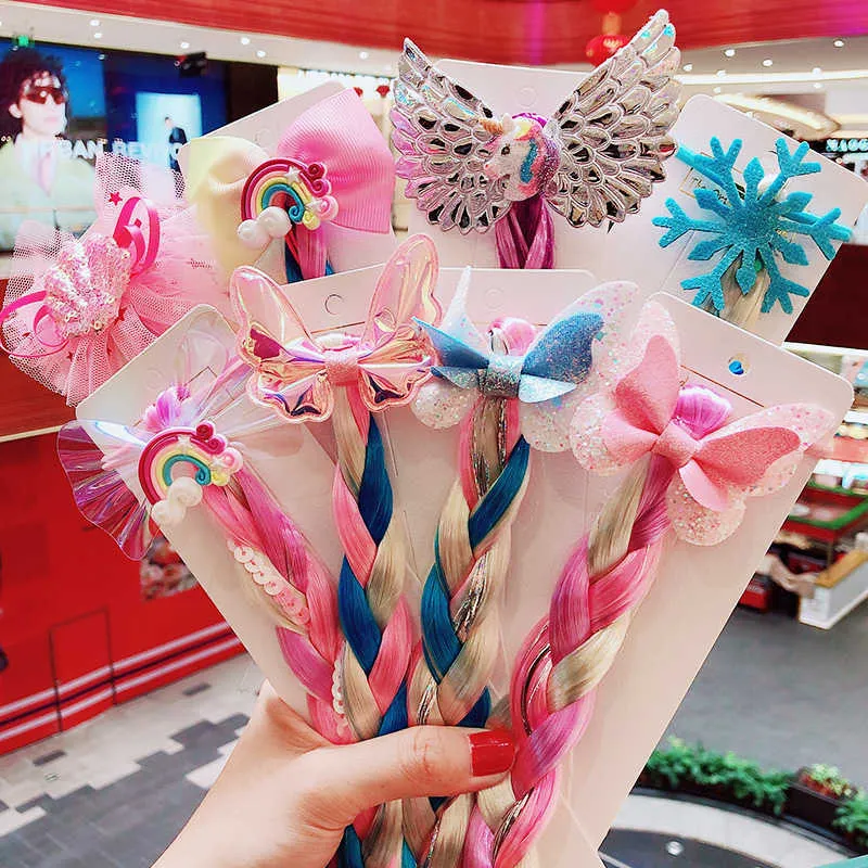 Bandeau tressé coloré pour filles, joli nœud de dessin animé papillon, support queue de cheval pour enfants, bandes en caoutchouc, accessoires de cheveux à la mode, 2021
