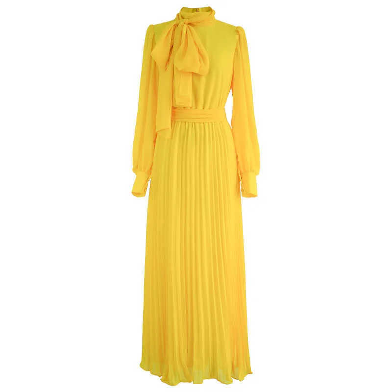 [DEAT] Women Dress Stand-up Collar High Waist Floor-length Long Sleeve Yellow Loose Fashion Spring Summer 13Q336 210527