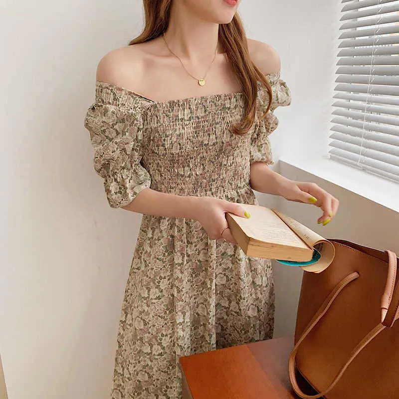 Klänningar Kvinnor Puff Sleeve Elasticitet Blommig Koreansk Stilish Sweet Girlish Fashion Fritid All-Match Holiday Midi Vestidos Mujer Y1006