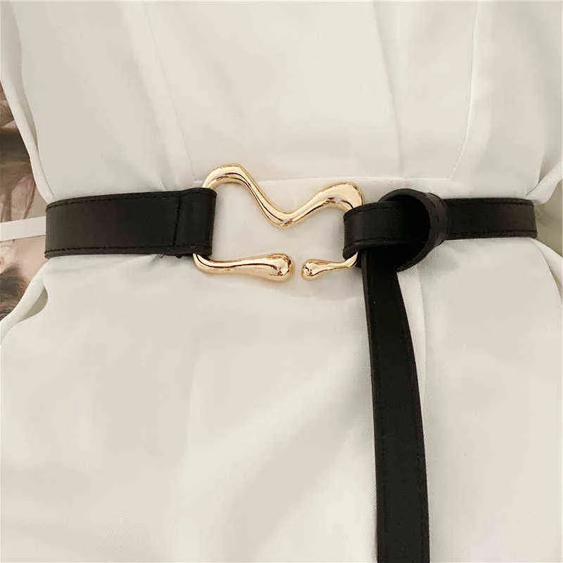 Nuevo cinturón de cuero PU con hebilla dorada fina para mujer, abrigo de vestir fino negro a la moda, accesorios formales, pretina 2021 G220301