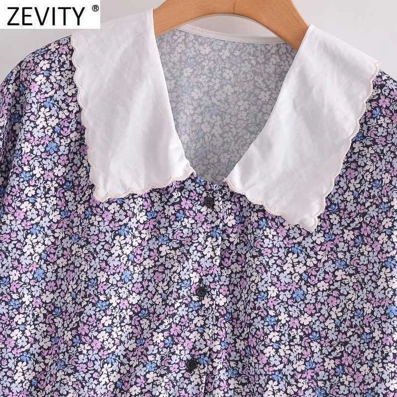 ZEVITY Donna Dolce stampa floreale Ruffles Camicetta Camicie Donna Colletto Peter Pan Patchwork Chic Ufficio Femininas Blusas Top LS9304 210603