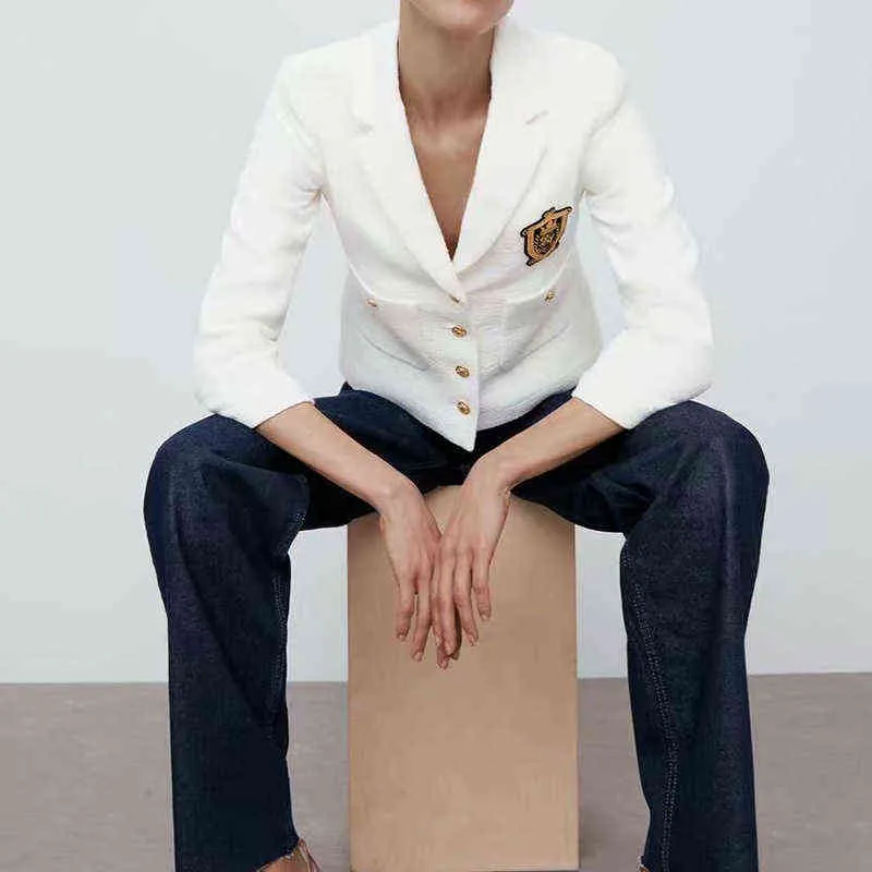 女性ファッションホワイトツイードジャケットコートヴィンテージポケットラペルカラー長袖オフィスレディーメスアウターウェアシックトップ220118