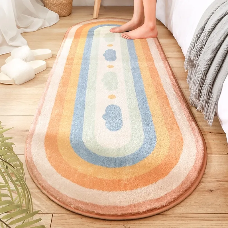 Oval Long Bedside Carpet Rainbow Striped Rug Soft Non-slip Living Room Floor Mat Bedroom Area Thick Furry Home Decor 220301