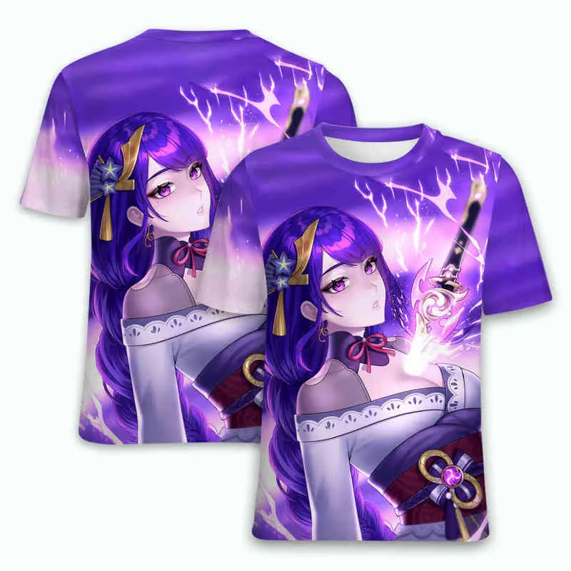 Genshin Impact T 셔츠 Raiden Shogun 애니메이션 게임 섹시한 여자 3D 인쇄 남성 여성 T 셔츠 대형 티셔츠 하라주쿠 키즈 옷 Y220214