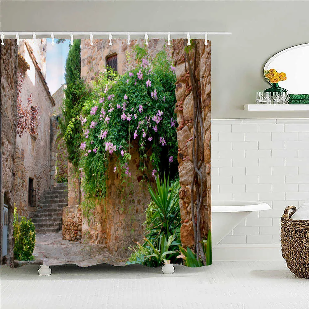 Paysage de fleurs pastorales rurales rideaux de douche salle de bain tissu 3D avec crochets écran étanche 210915