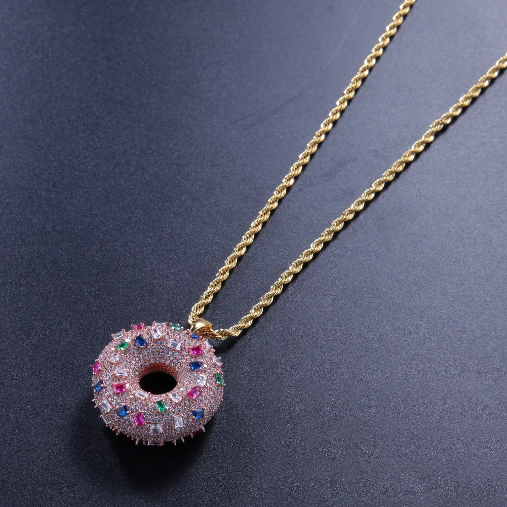 Iced Out Colorful Donuts Pendant Halsband Fashion Mens Womens Couples Hip Hop Rose Gold Halsband smycken299w