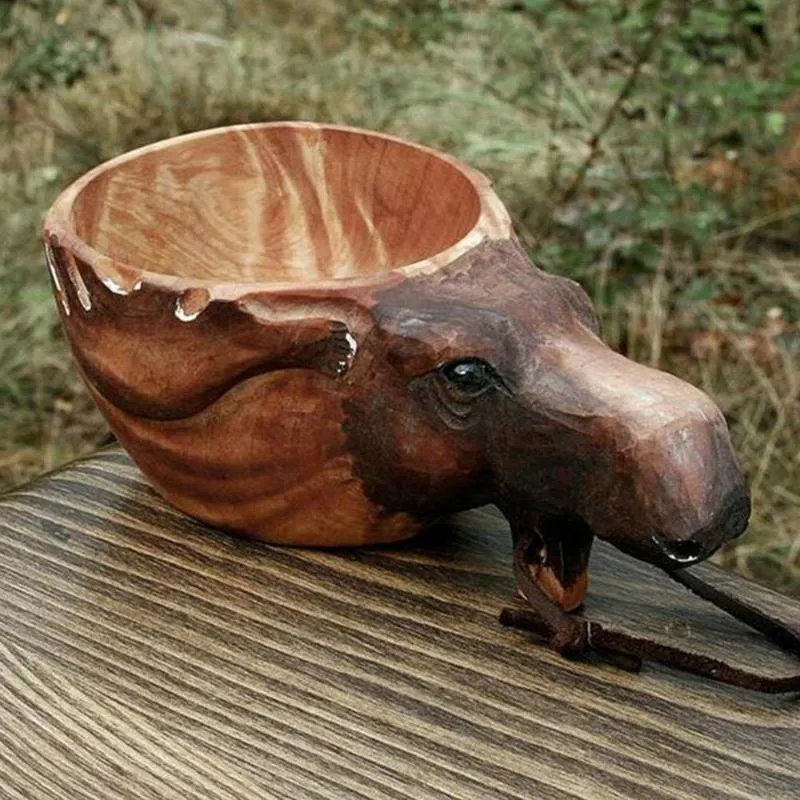 Mokken Kuksa Handgesneden houten mok Guksi Dieren Hoofd Afbeelding Cup Diervorm Draagbare Camping Drinking2429