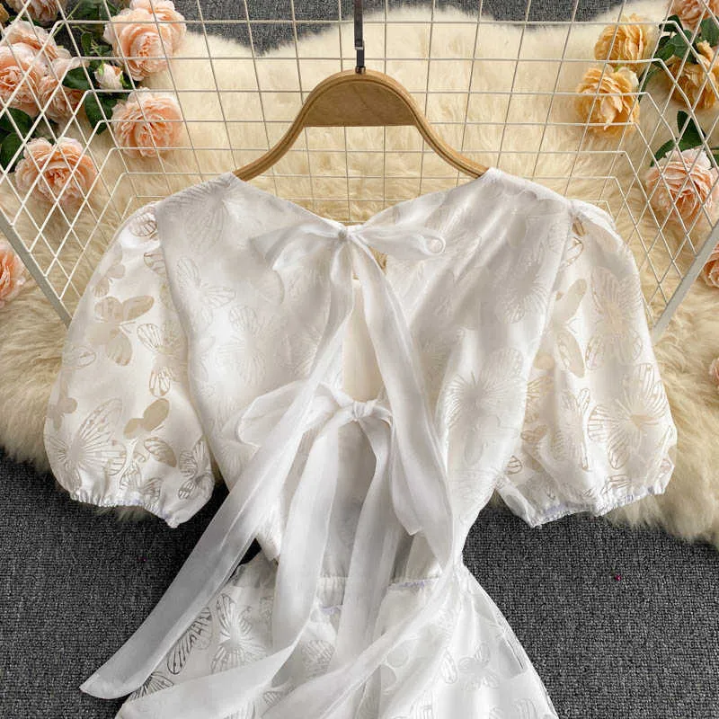 Corte delle donne di modo di estate girocollo Hollow Back vita alta sottile manica corta principessa bianco A-line Dress Vestidos S661 210527