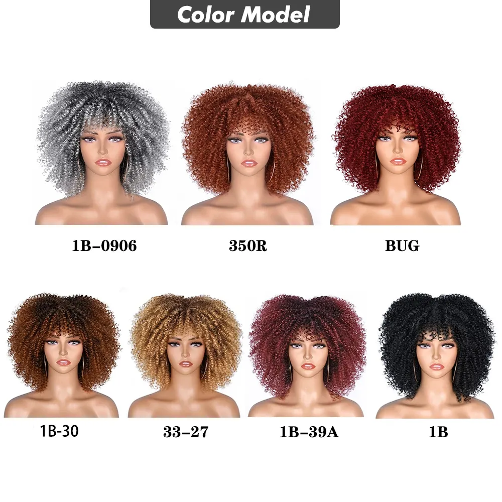 Cheveux courts crépus bouclés Afro perruques avec frange pour les femmes 10 synthétique africain sans colle Cosplay résistant à la chaleur perruques HIHOO