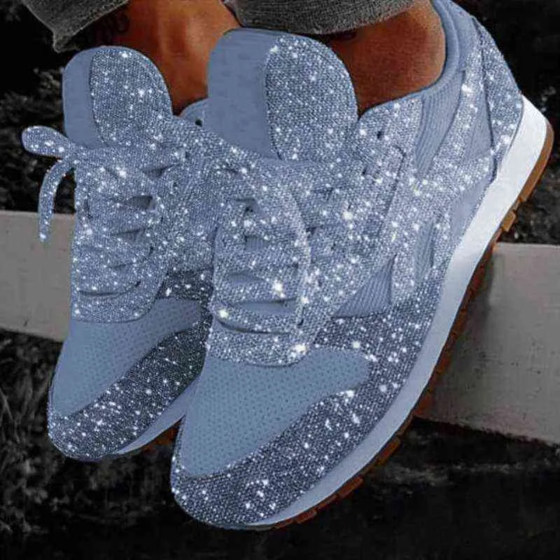 Kvinnor Sneakers Fritidsskor Glitterskor Dam Mesh Platta skor Kvinnor Snörning Paljett Vulkaniserade skor Utomhussport Löparsko H1115