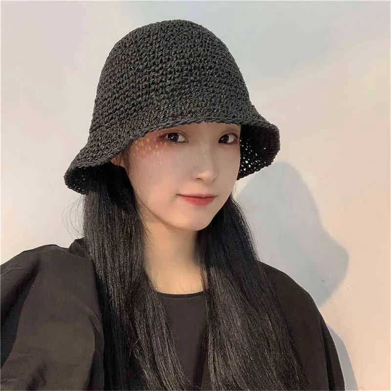 Women Summer Fisherman Hat Straw Beach Hat Hand-woven Bucket Cap Casual Holiday Sunscreen Hats for Vacation Sun Protection G220311