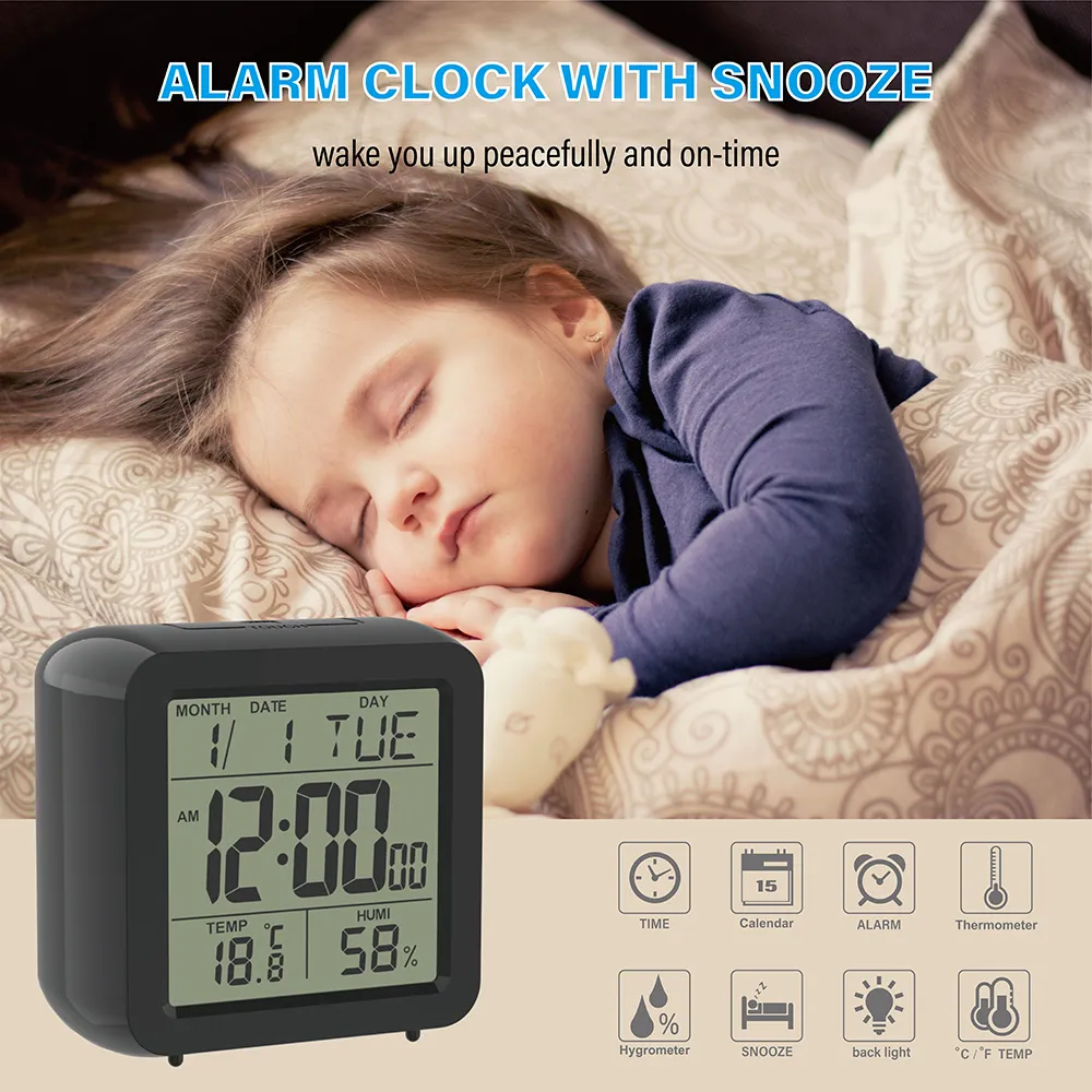 Electronic Table Snooze Alarm Calendar Kids Bedside clock with Backlight Home Temperature & Indoor Humidity Battery 210310