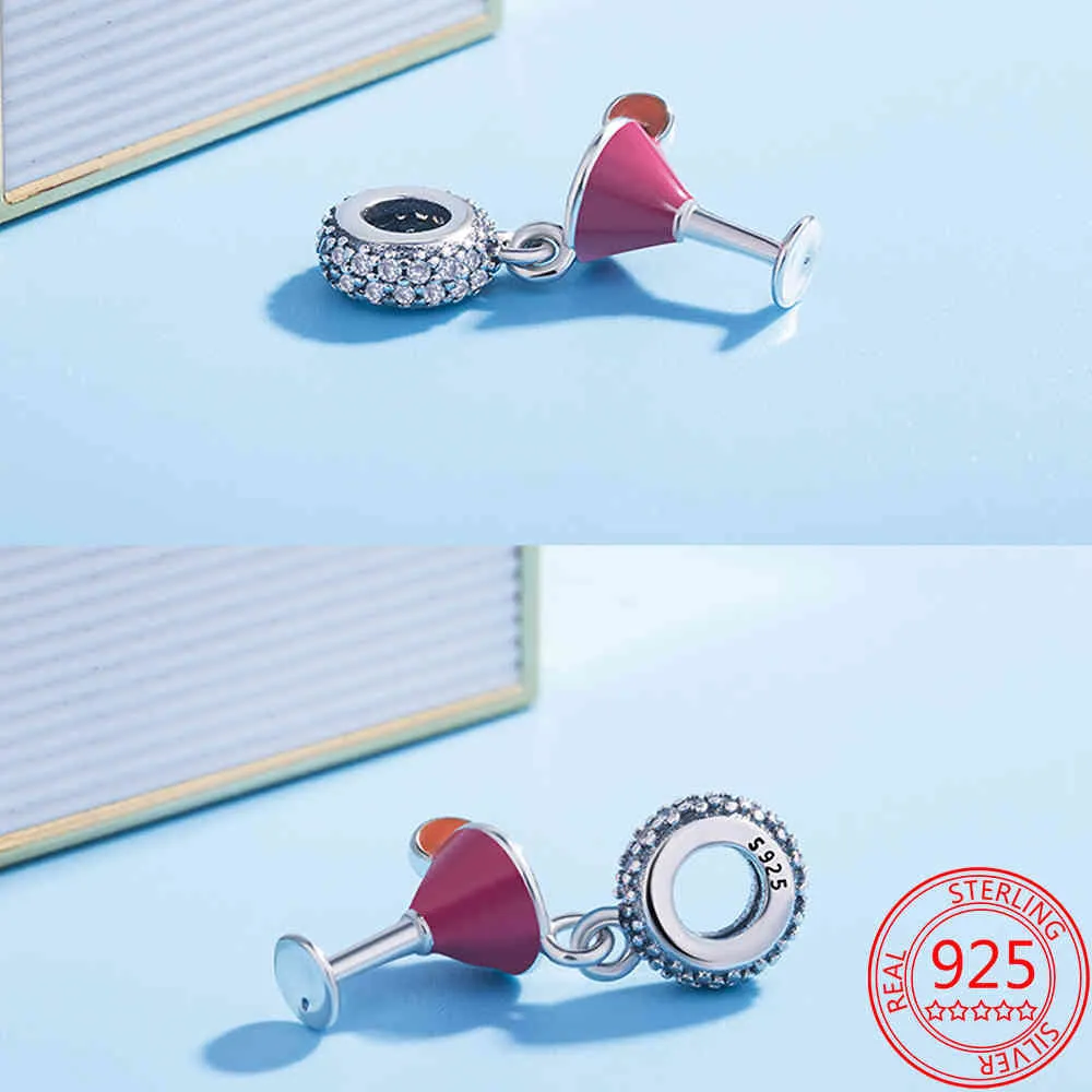 S925 Sterling Silver Pink Enamel Cocktail Charm Fit Pandora Bracelets Christmas Gift