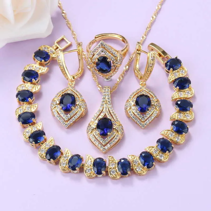 Braziliaanse goudkleurige sieraden set met natuursteen CZ blauwe oorbellen en ketting bruids sets voor vrouwen bruiloft geschenk H1022