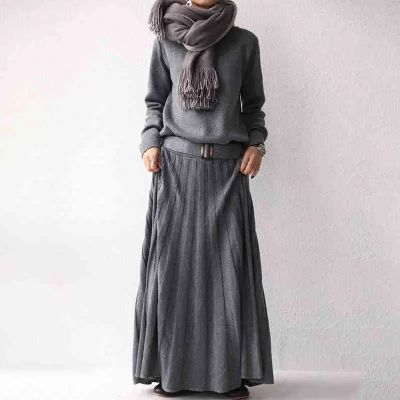 Kış Pileli Elbise Uzun Kollu Kore Japon Tarzı Kadınlar Zarif Örme Kazak Maxi Kazak Elbiseler Ile Kemer G1214
