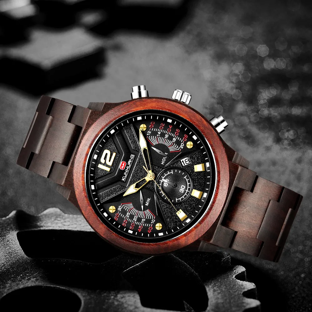 Mode trämän titta på Relogio masculino toppmärke lyxigt snyggt kronograf militär klockor timepieces i trälevurklocka fo252c