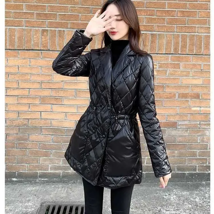 S-3XL Höst Vinter Kvinna Outwear Long Coat Notched Collar Slim A-Line Black With Fockets Fashion Parka Plus Size 211013