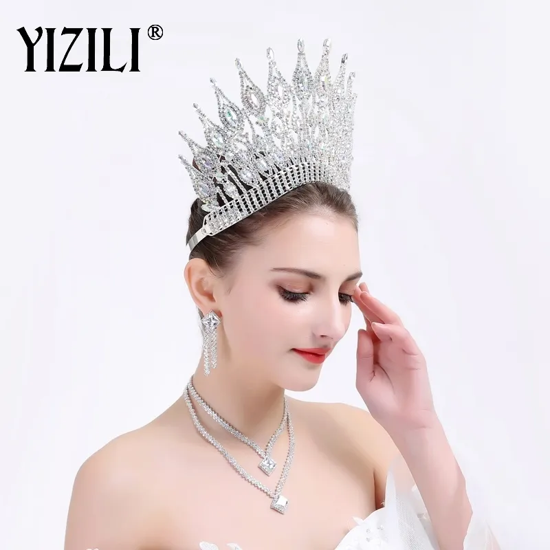 Yizili Lusso Grande Sposa Europea Corona Nuziale Splendido Cristallo Grande Rotonda Regina Corona Accessori Capelli da Sposa C021 2102032511