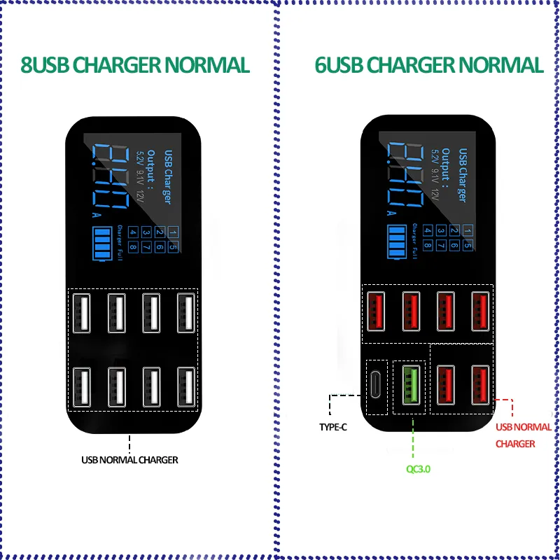 40W 8 Ports USB LED Display QC3.0 2.4A Schnellladung für iPhone 12 Pro Max Samsung Xiaomi Huawei Autotelefon-Ladegerät