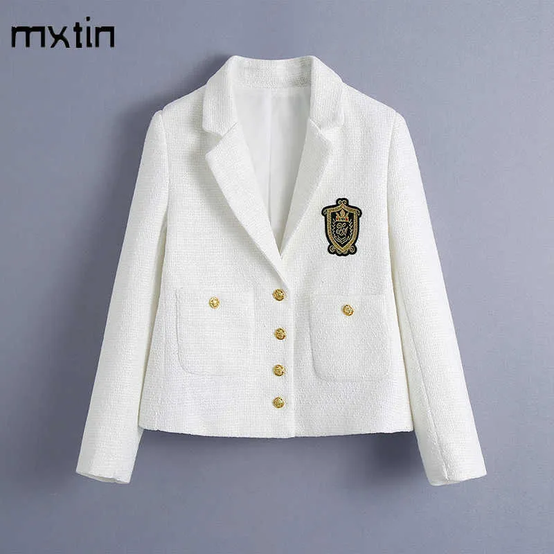 Women Fashion White Tweed Jacket Coat Vintage Pockets Lapel Collar Long Sleeve Office Lady Female Outerwear Chic Tops 210914
