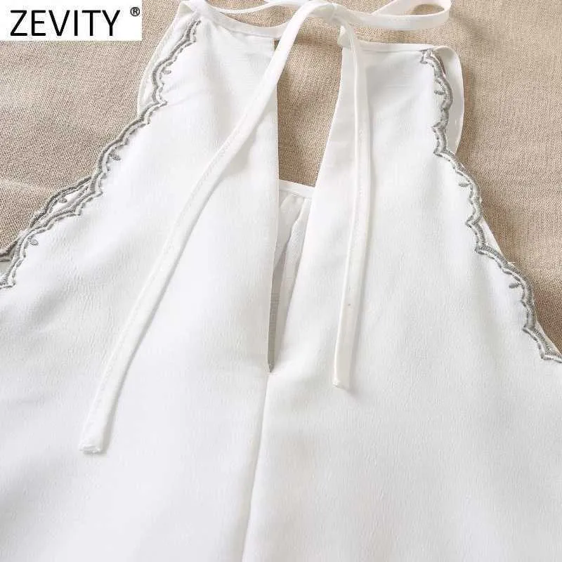 Zevity kobiety moda krawędź haft biała sukienka halter kobieta elegancka bez rękawów koronki w górę plaży styl linii lato vestido ds8201 210603