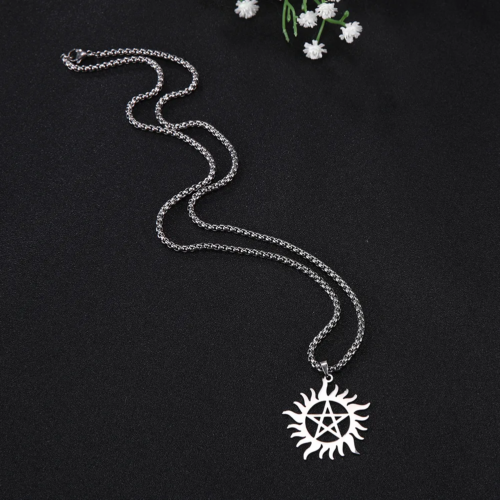 Skyrim aço inoxidável brilhando sol pentagrama pingente colar sobrenatural dean caixa de instrução colares jóias feminino masculino y08555578