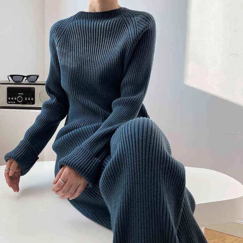 REALEFT Autumn Winter Women Sets Knitted Tracksuit Half Turtleneck Sweater+Wide Leg Jogging Pants Pullover Suits 211109